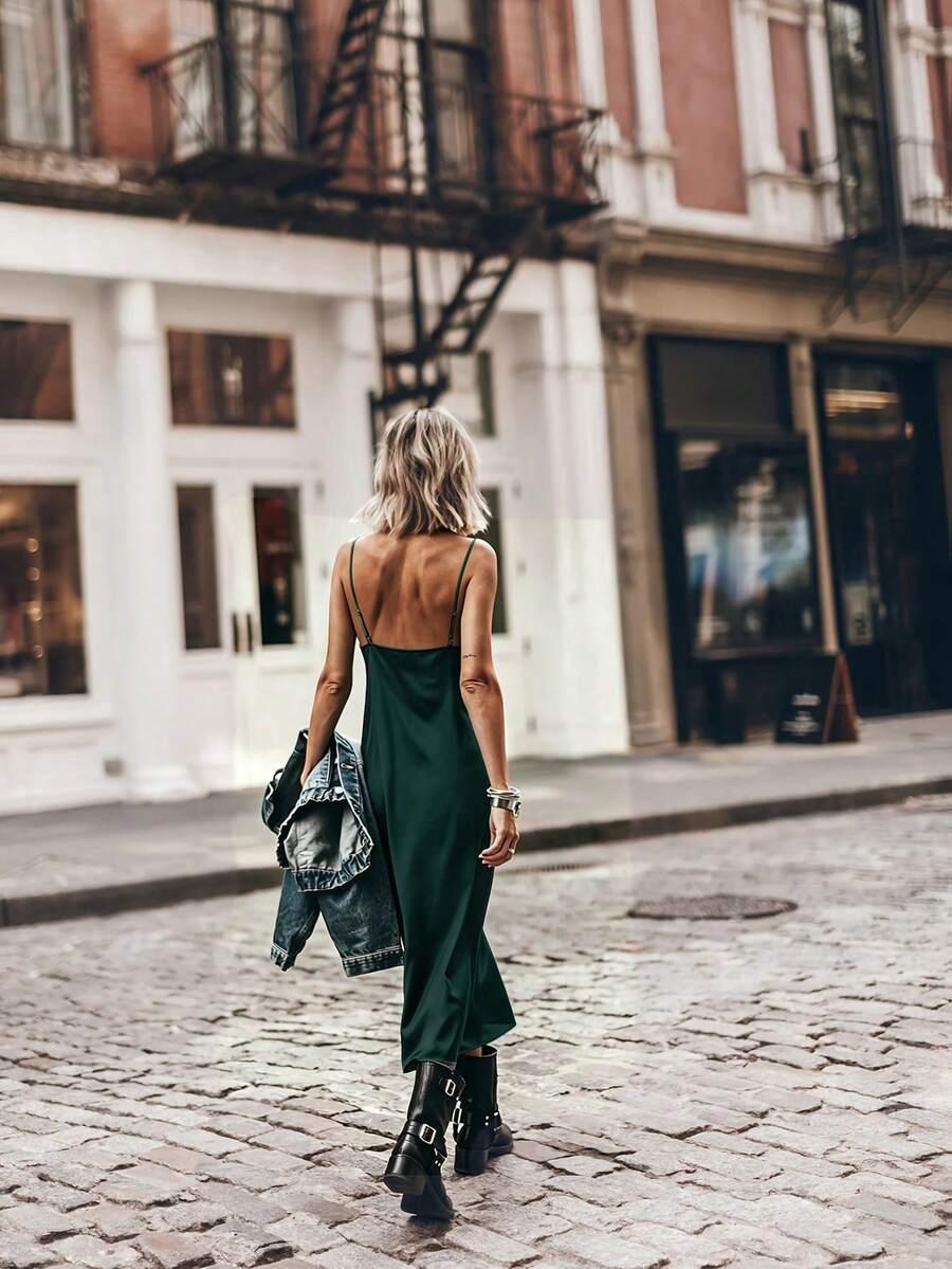 SHEIN ZIELONA MIDI SUKIENKA NA RAMIĄCZKACH V NECK PK01__M