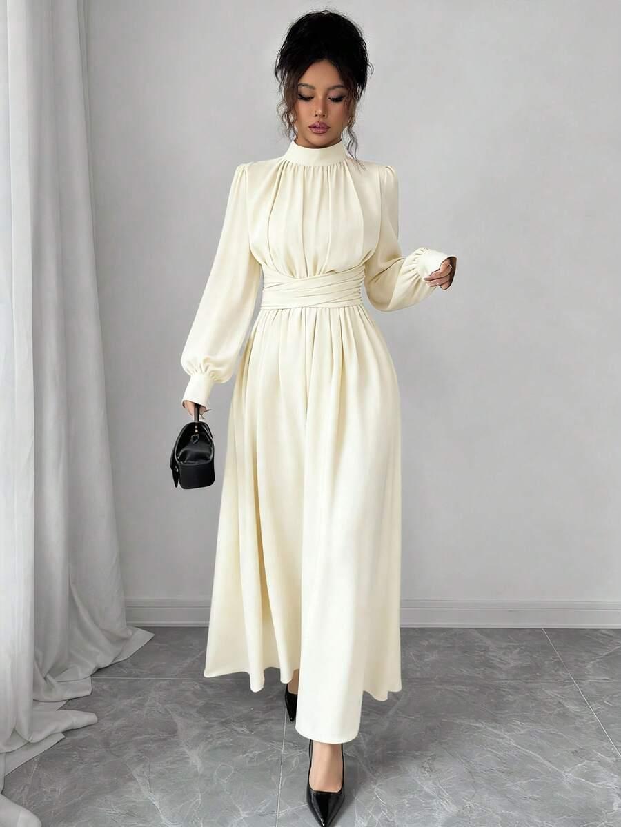 SHEIN KREMOWA MAXI SUKIENKA DŁUGI RĘKAW S06__M