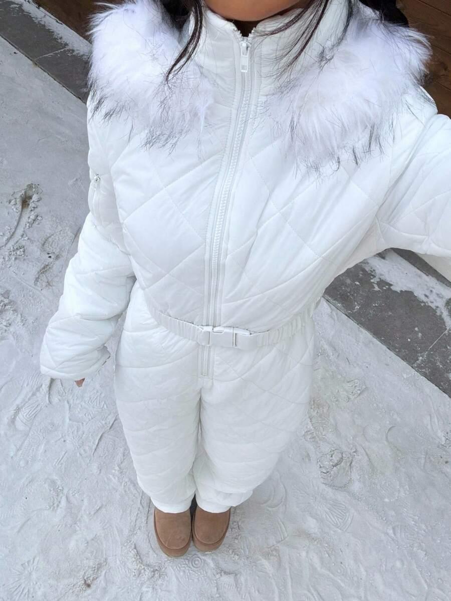 SHEIN BIAŁY KOMBINEZON NARCIARSKI Z KAPTUREM W01__XS