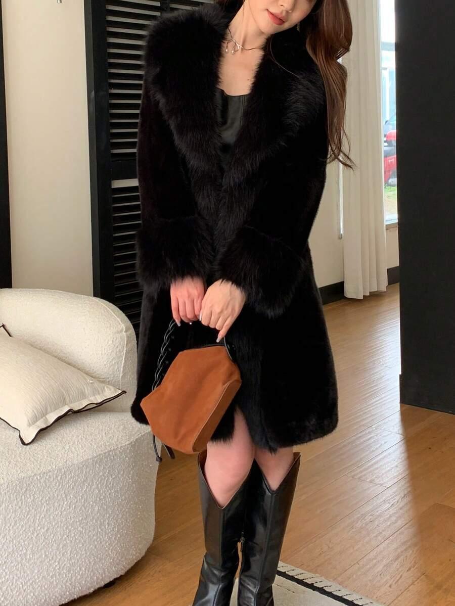 SHEIN CZARNE SZTUCZNE FUTRO W01__L
