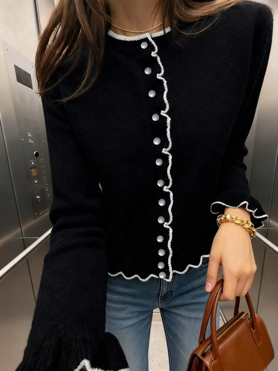 SHEIN CZARNY SWETER GUZIKI KONTRAST S06__XL