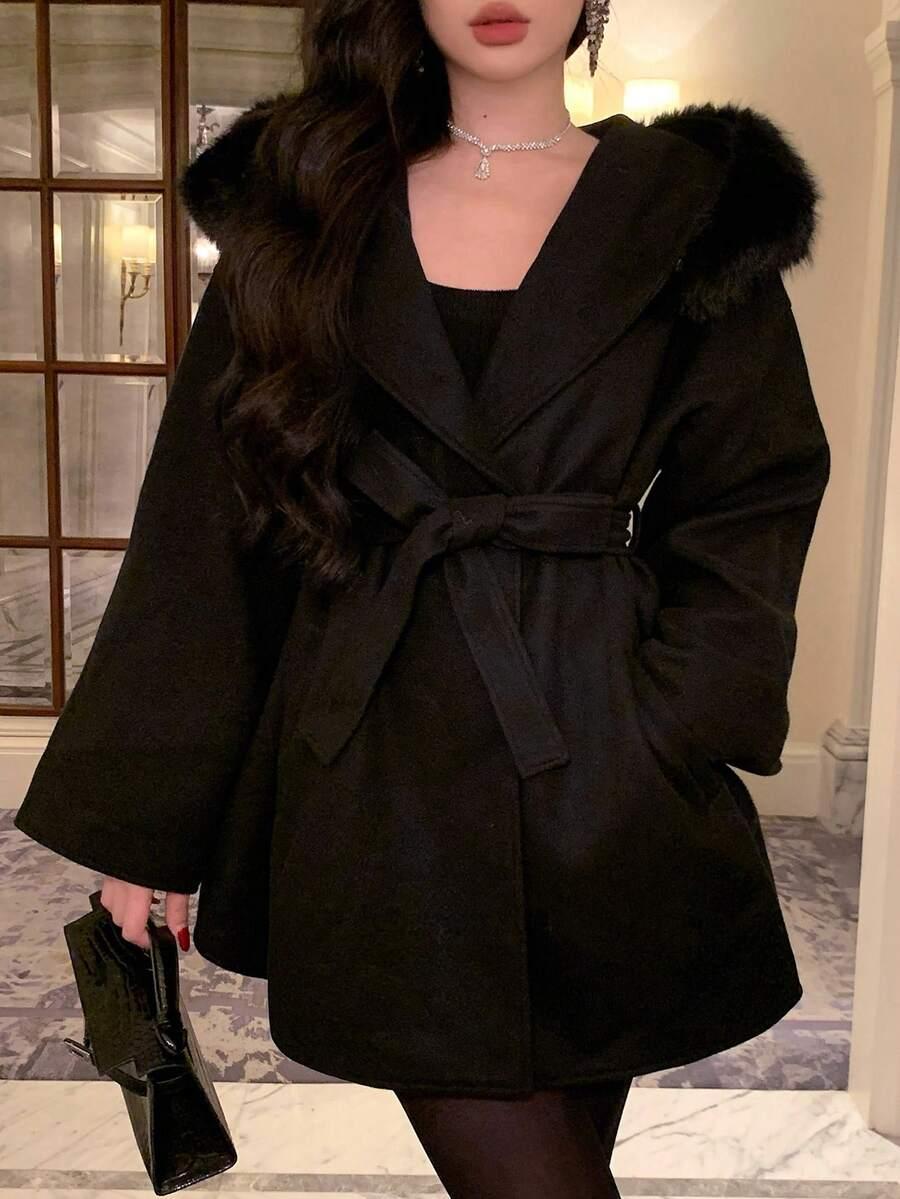 SHEIN CZARNY PŁASZCZ FUTERKO W01__L