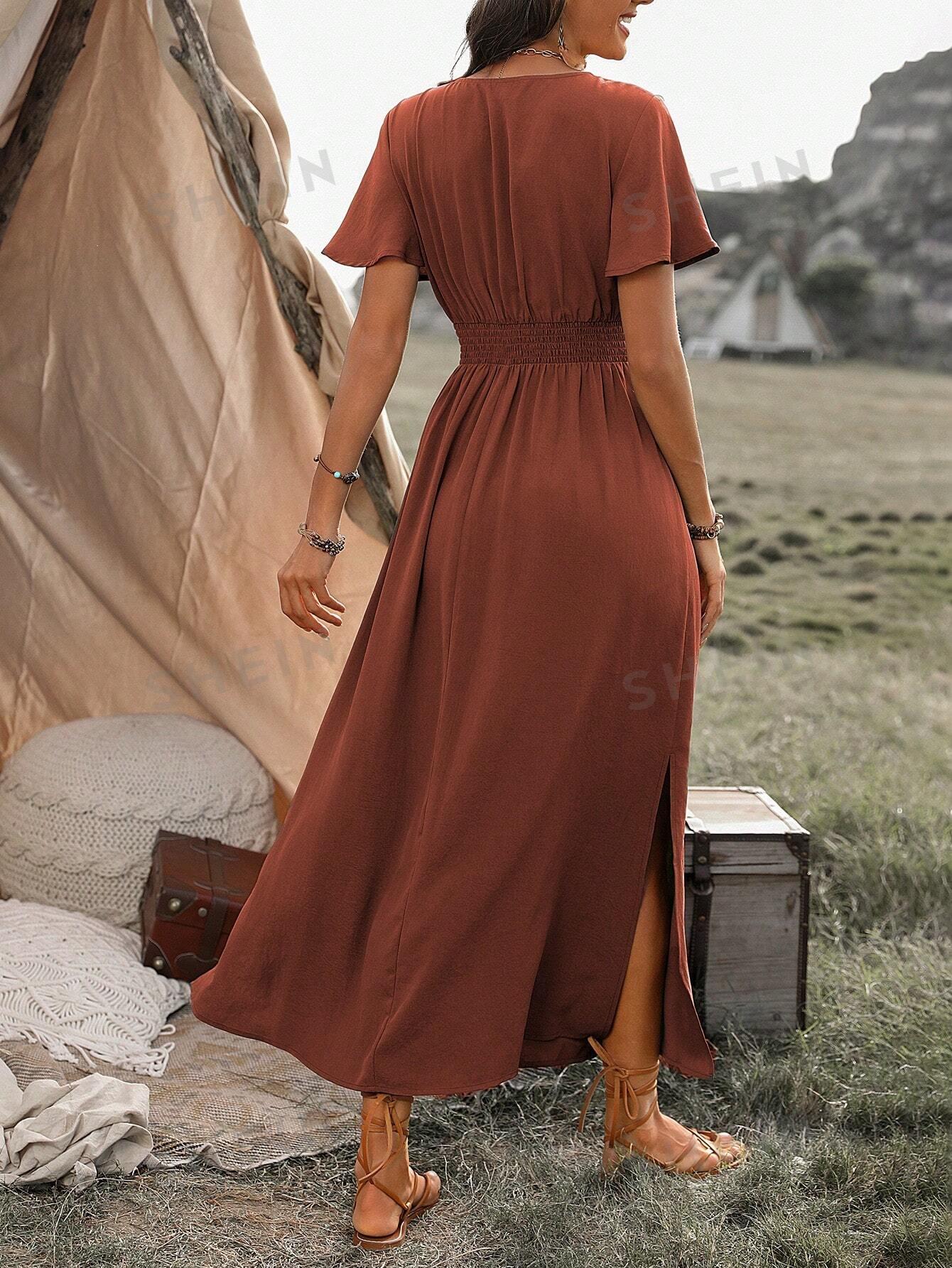 SHEIN BRĄZOWA SUKIENKA KRÓTKI RĘKAW S06__L