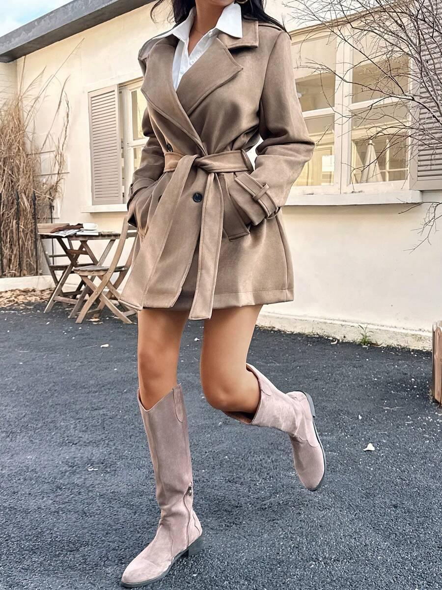 SHEIN BRĄZOWY DWURZĘDOWY PŁASZCZ WIĄZANIE W01__M