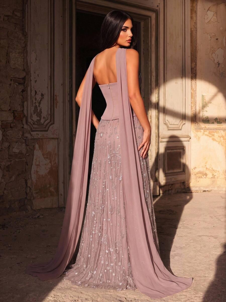 GLAMRAE RÓŻOWA MAXI SUKIENKA ZDOBIENIE S06__XS