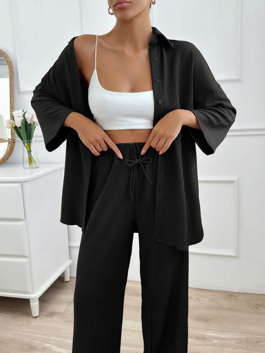 SHEIN CZARNY KOMPLET KOSZULA SPODNIE S06__S