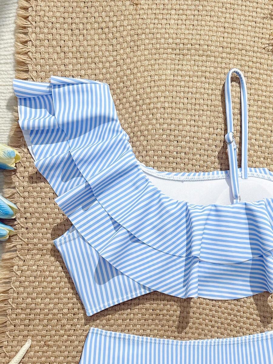 SHEIN DWUCZĘŚCIOWY STRÓJ KĄPIELOWY PASKI FALBANA KONTRAST S09__140-146