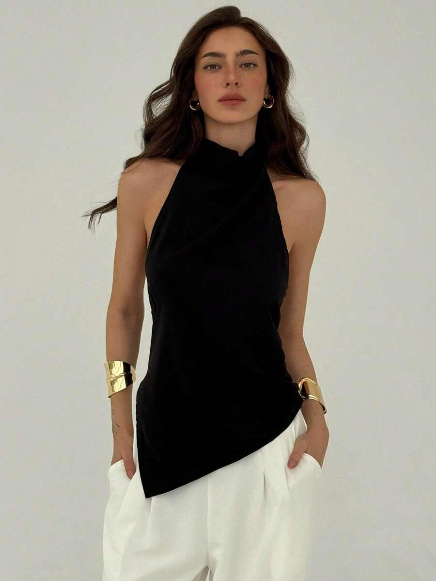 SHEIN CZARNY ASYMETRYCZNY TOP ODKRYTE PLECY S06__L
