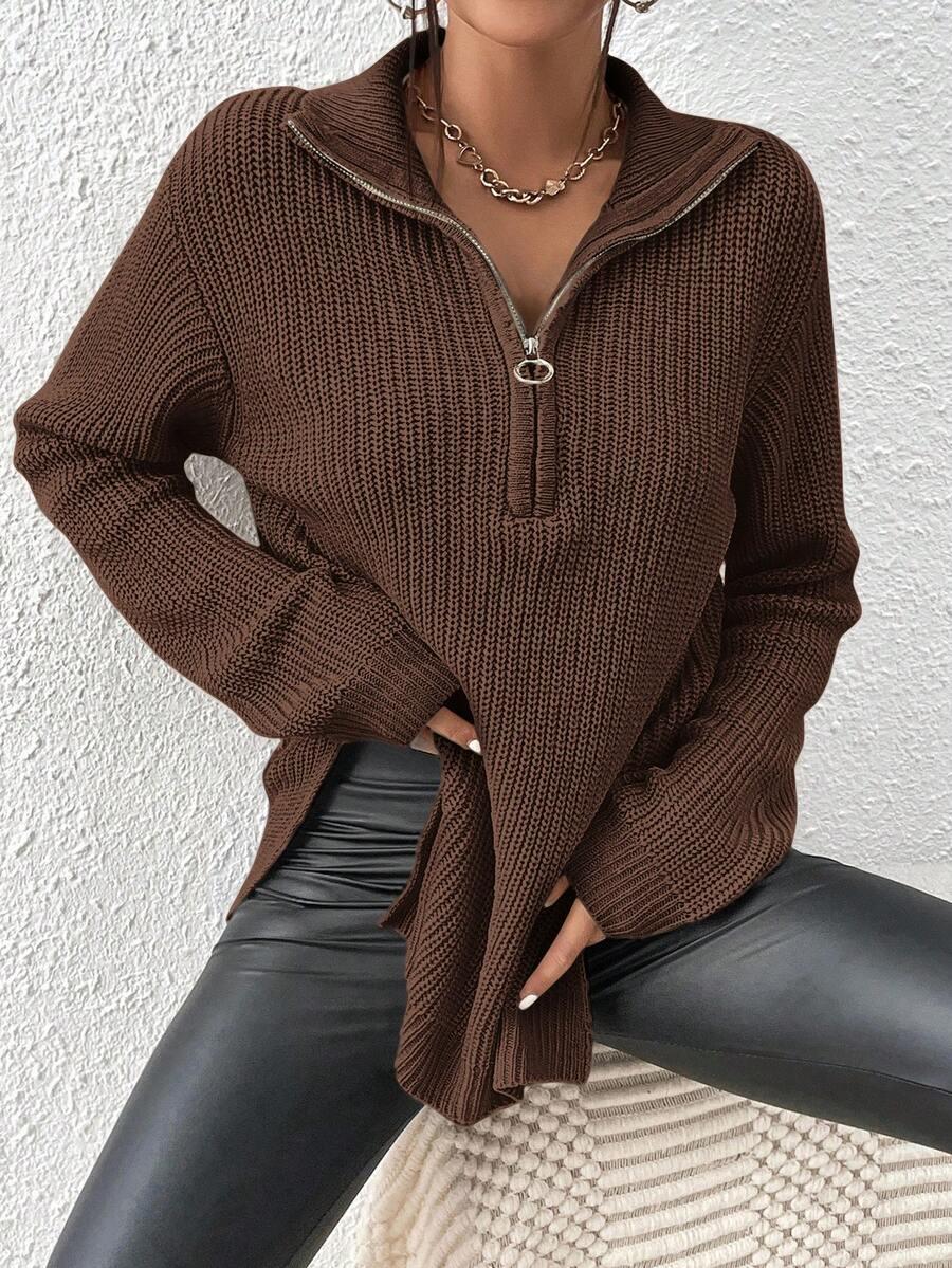 SHEIN BRĄZOWY SWETER ZAMEK S06__XS