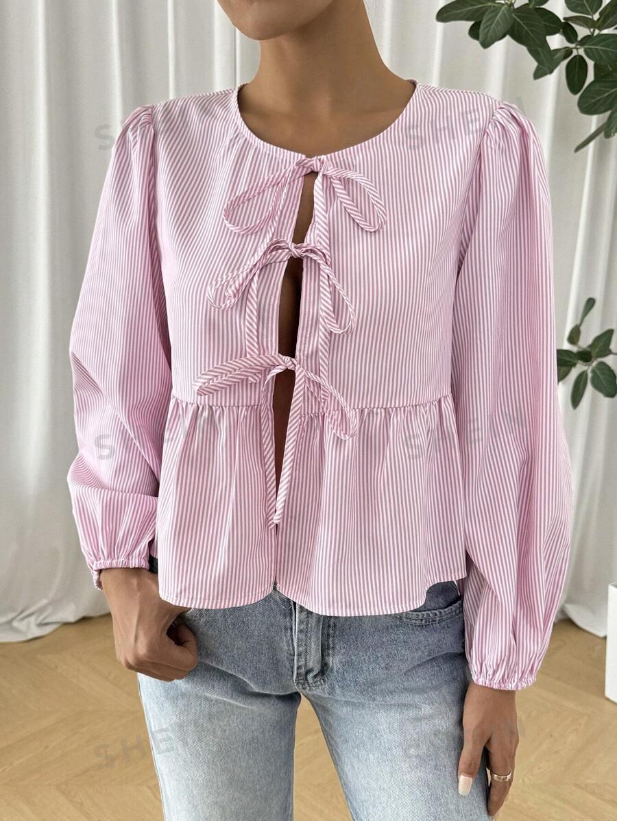 SHEIN RÓŻOWA BLUZKA W PASKI FALBANKA WIĄZANIE S06__S