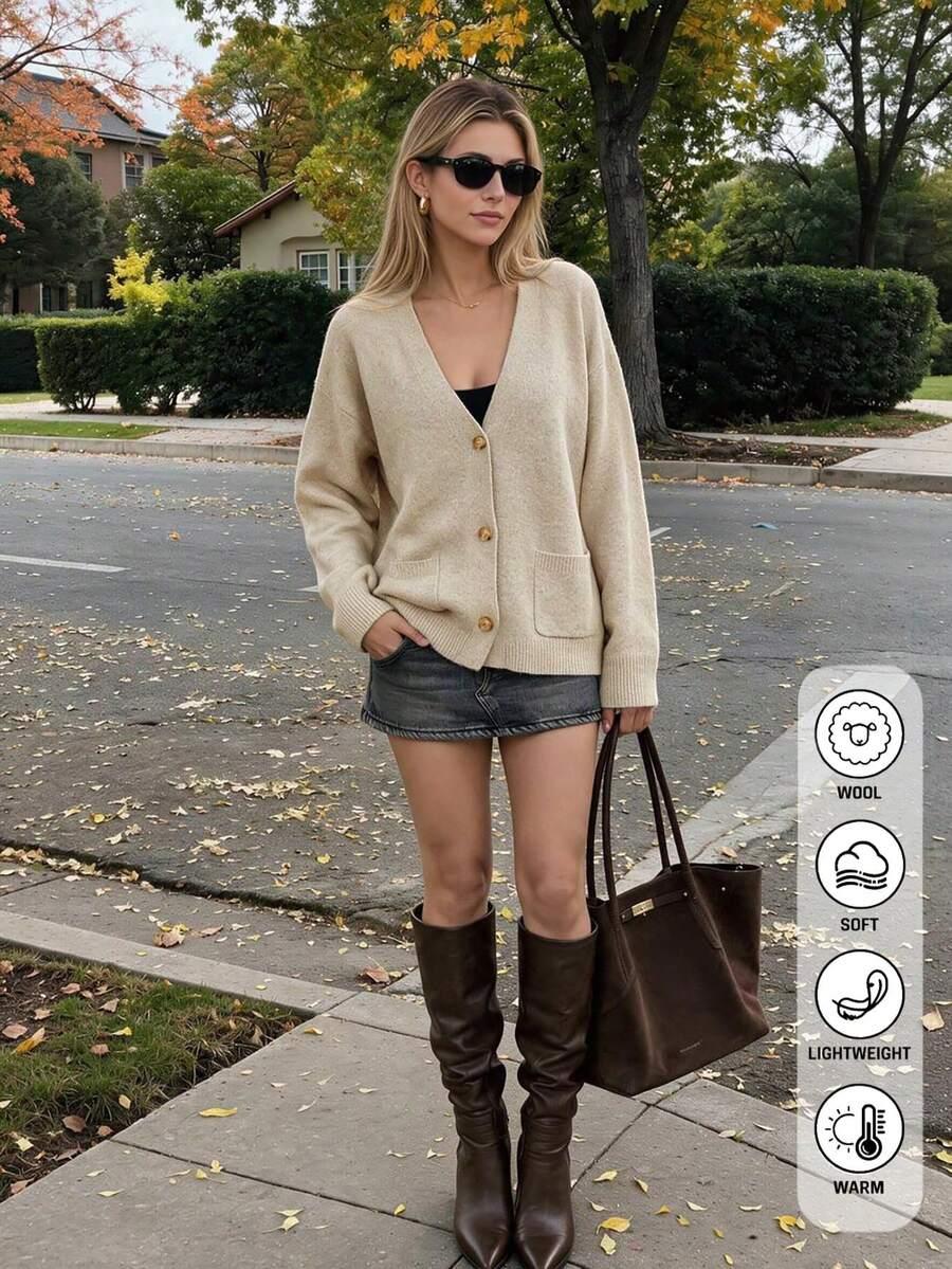 SHEIN KLASYCZNY BEŻOWY SWETER KARDIGAN GUZIKI V-NECK KIESZONKI PK01__L