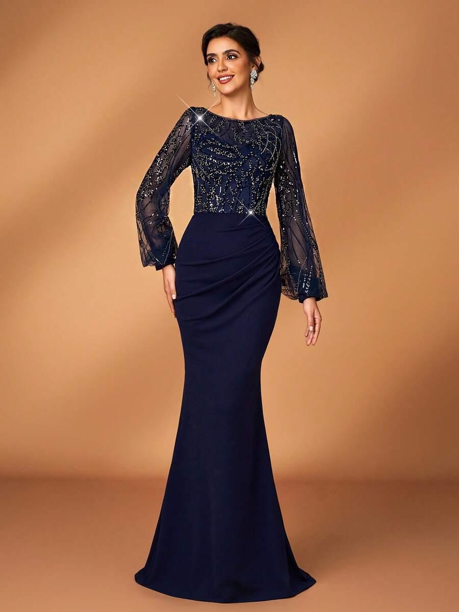 SERIN GRANATOWA SUKIENKA MAXI CEKINY S06__L