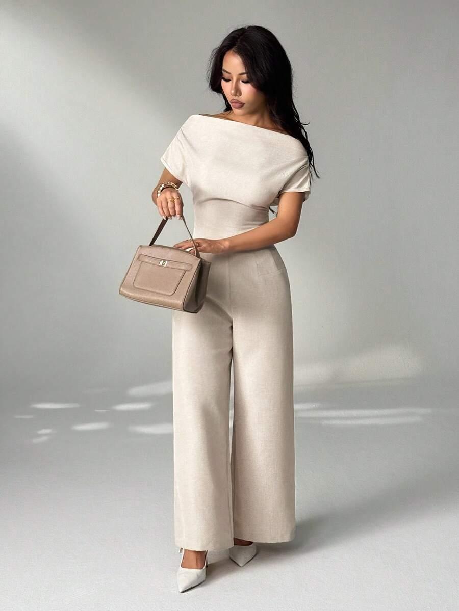 SHEIN BEŻOWA BLUZKA Z KRÓTKIM RĘKAWEM S06__XS