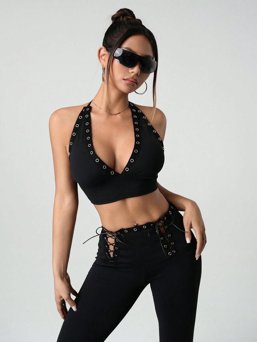 SHEIN CZARNY KOMPLET TOP SPODNIE S06__XS