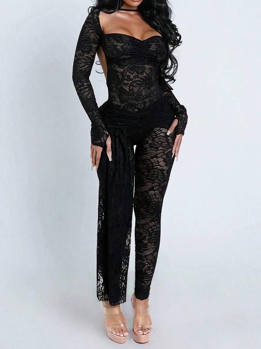 SHEIN CZARNY KORONKOWY KOMPLET BODY SPODNIE S06__M