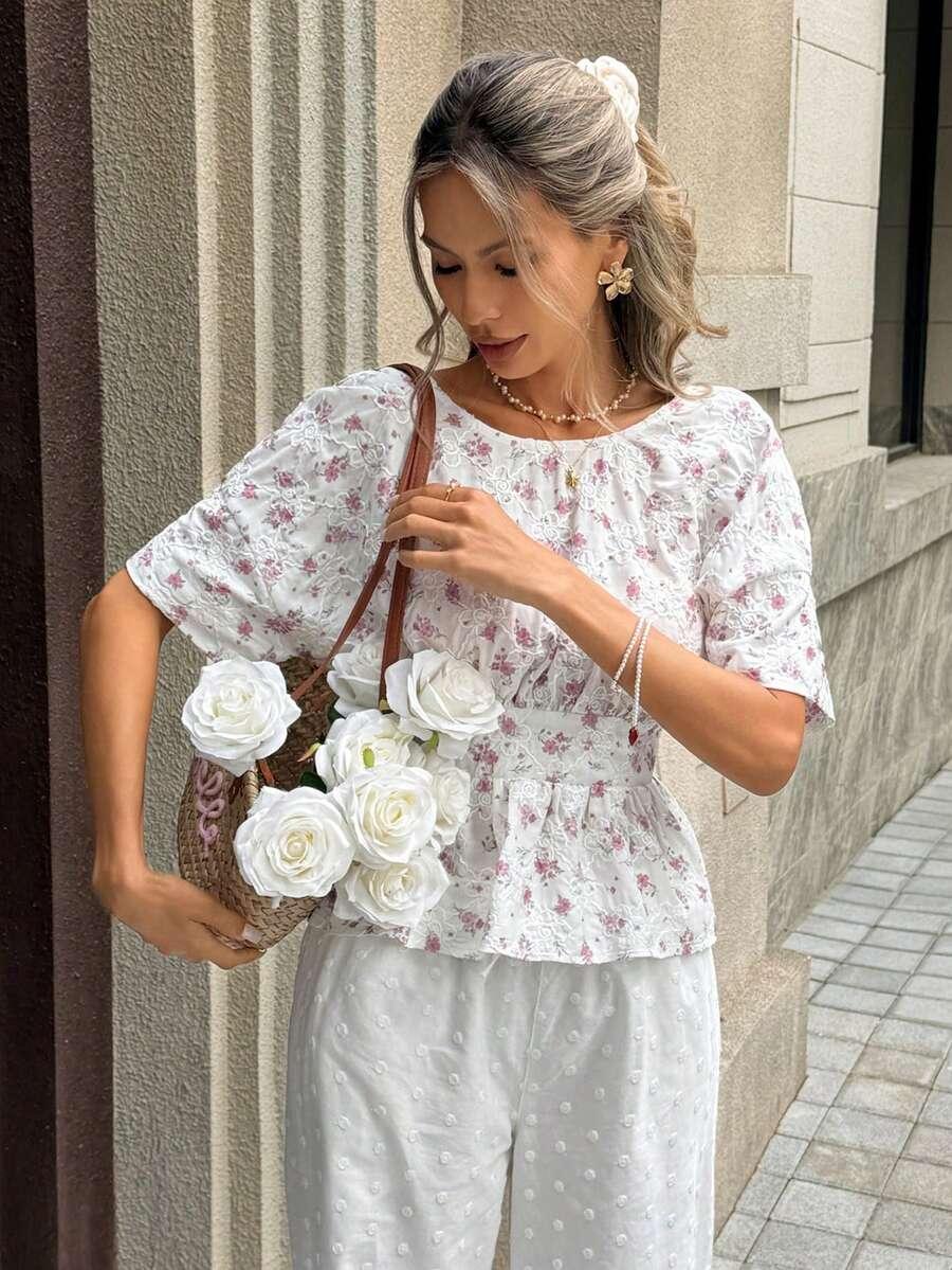 DAZY BIAŁA BLUZKA ODKRYTE PLECY WZÓR KWIATY S06__S