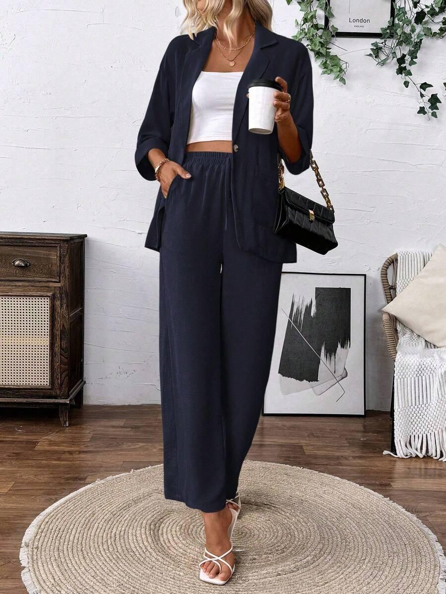 SHEIN GRANATOWY KOMPLET MARYNARKA SPODNIE PK01__L