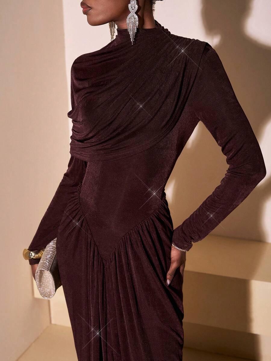 SHEIN BRĄZOWA MAXI SUKIENKA MARSZCZENIA PK01__M