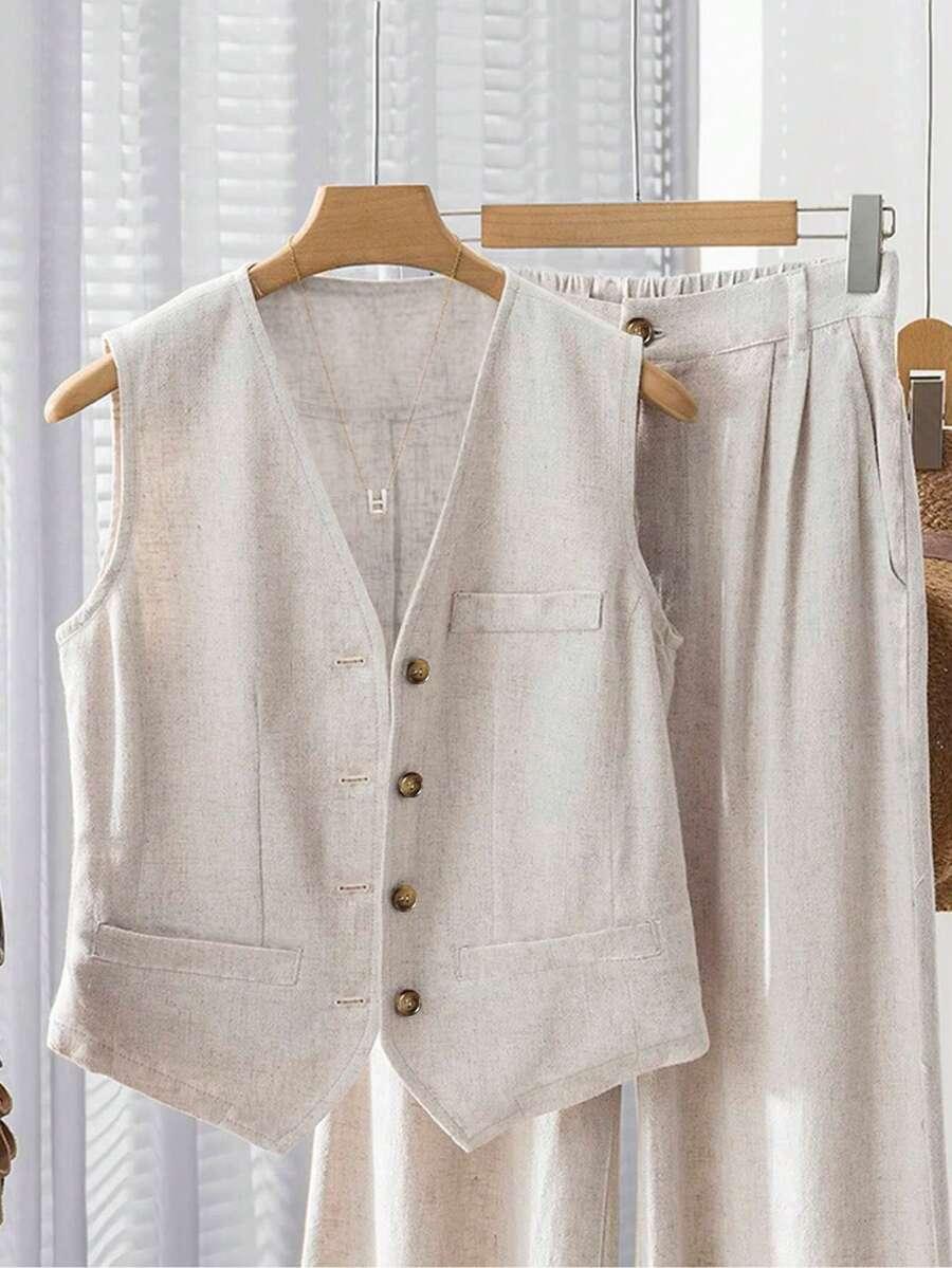 SHEIN BEŻOWE SPODNIE KAMIZELKA KOMPLET S06__XL