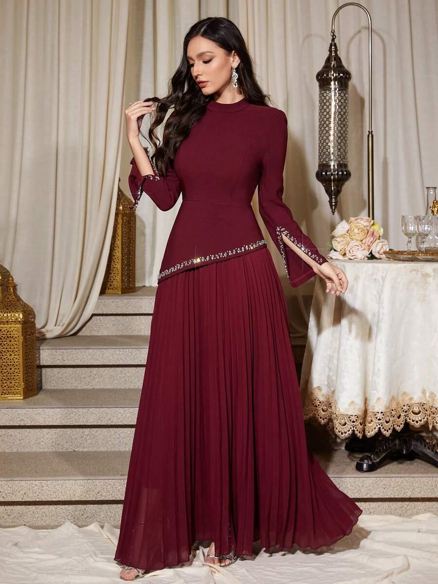 SHEIN BORDOWA MAXI SUKIENKA DŁUGI RĘKAW S06__M
