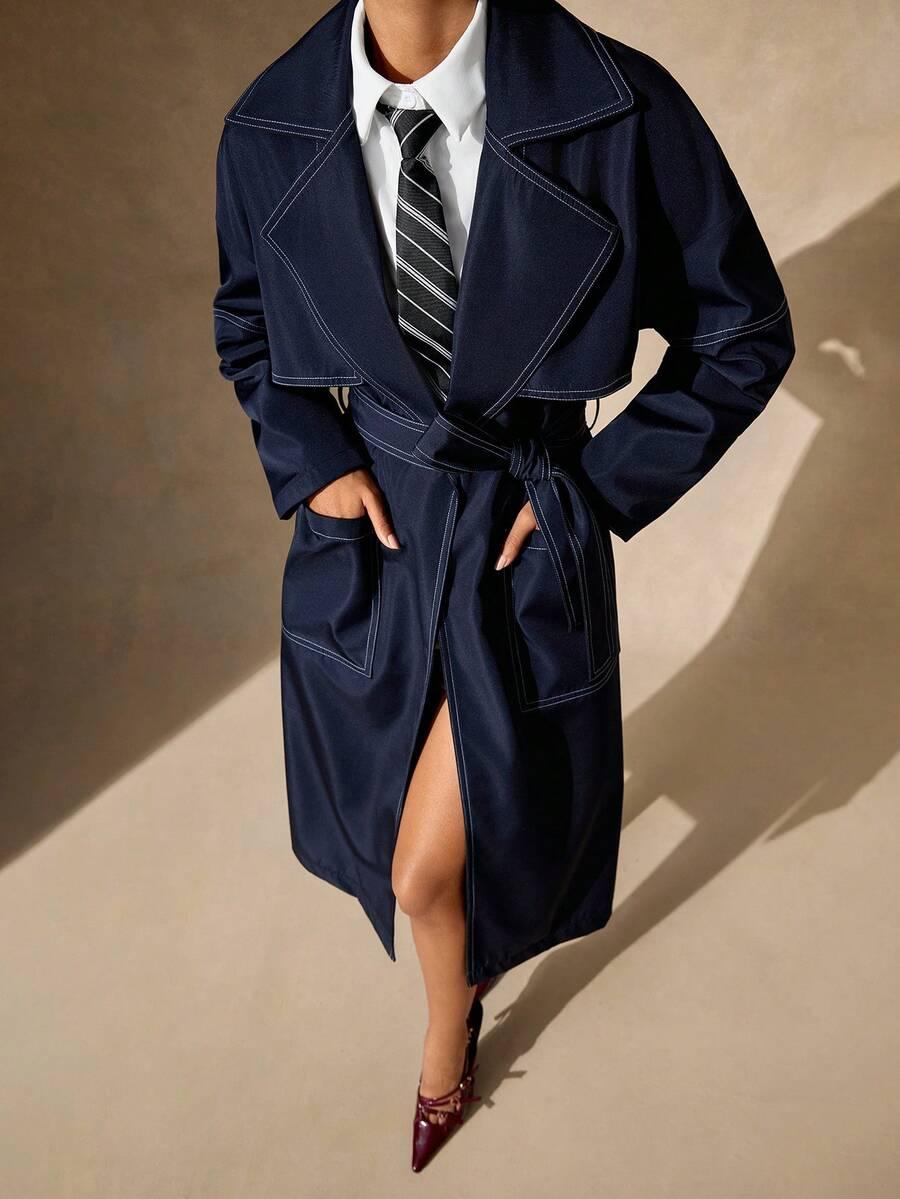 SHEIN GRANATOWY PŁASZCZ TRENCZ S06__M