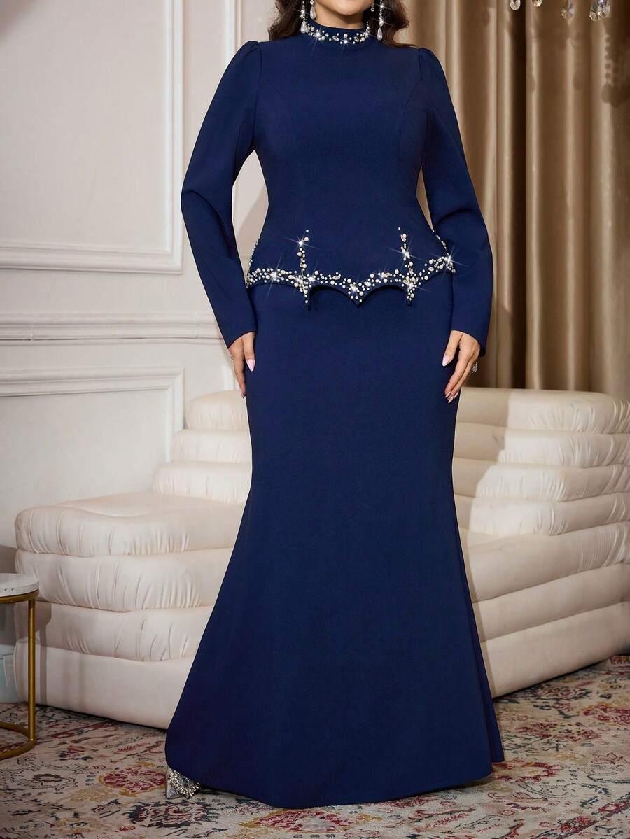 SHEIN GRANATOWA MAXI SUKIENKA ZDOBIENIE S06__XXL