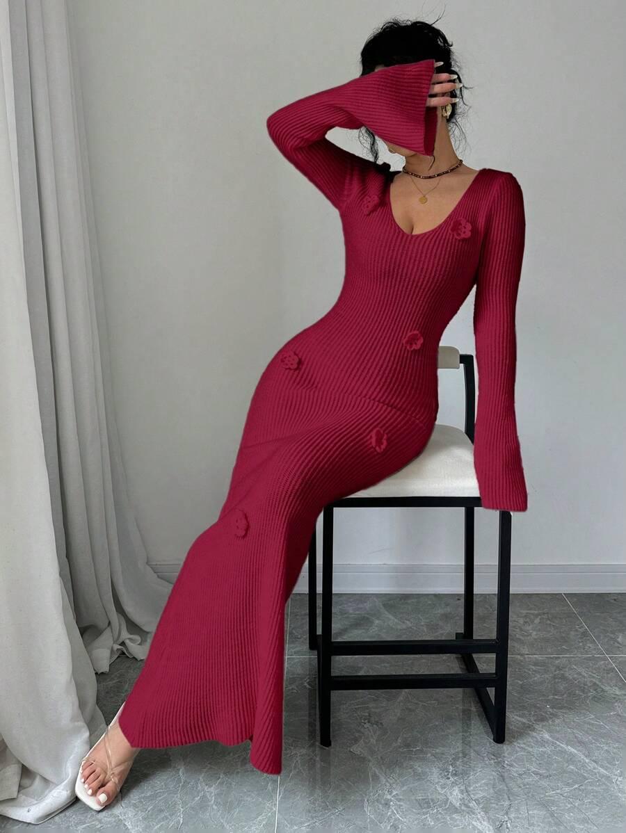 SHEIN CZERWONA DZIANINOWA MAXI SUKIENKA S06__M