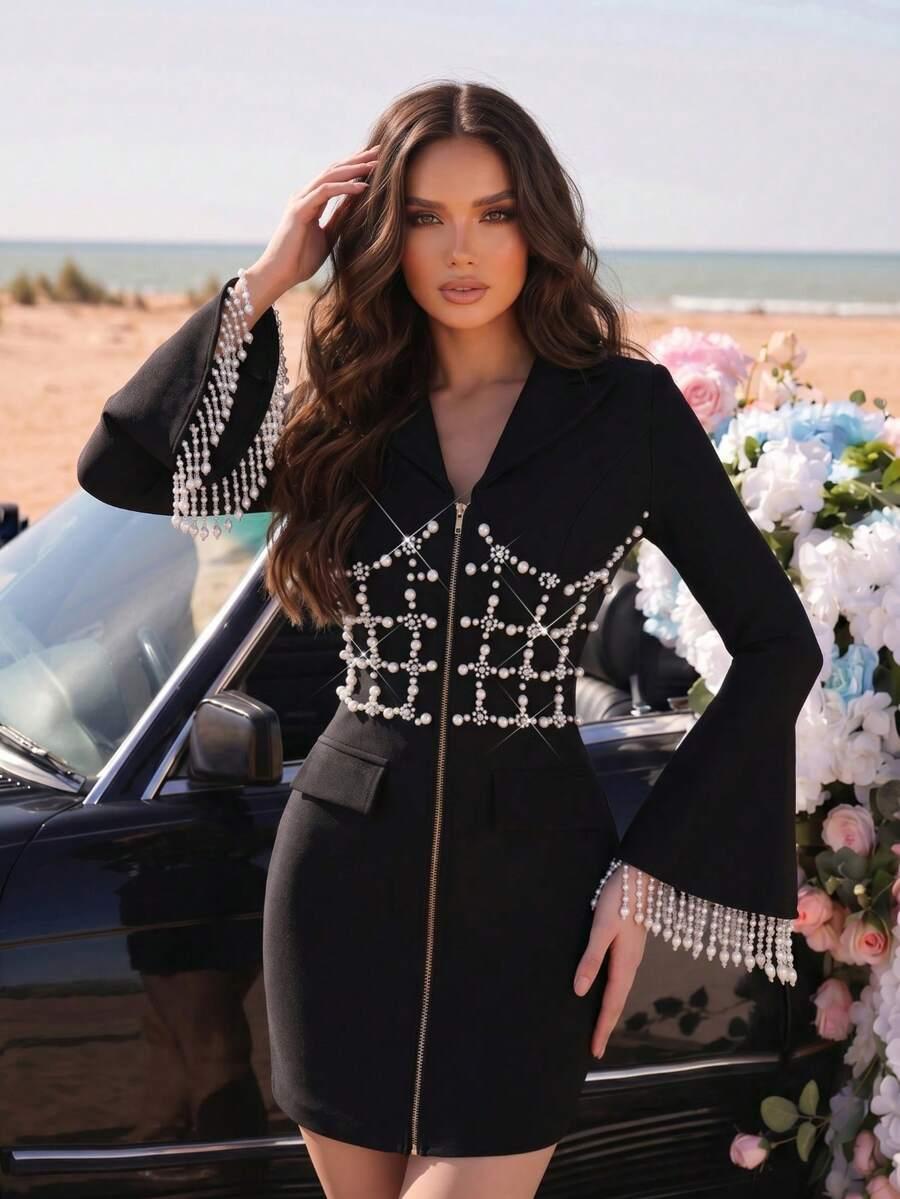 SHEIN CZARNA MINI SUKIENKA ZDOBIENIE S06__S