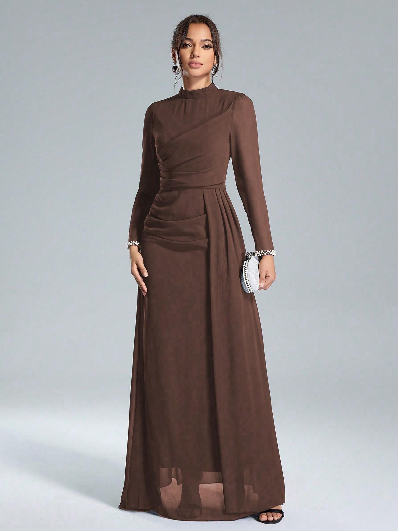 SHEIN BRĄZOWA MAXI SUKIENKA ZDOBIENIE S06__L