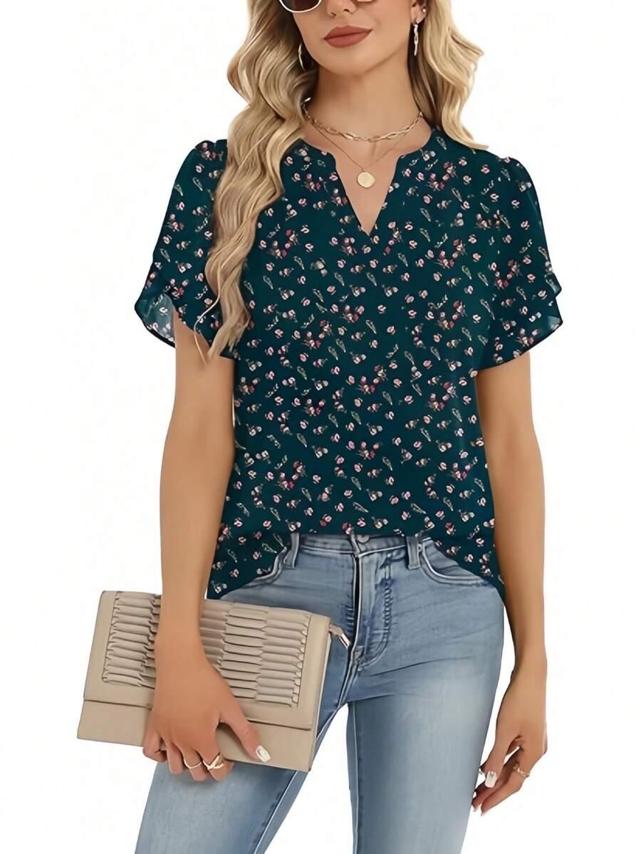 SHEIN BLUZKA Z KRÓTKIM RĘKAWEM BUFKI KWIATY WZÓR S06__S