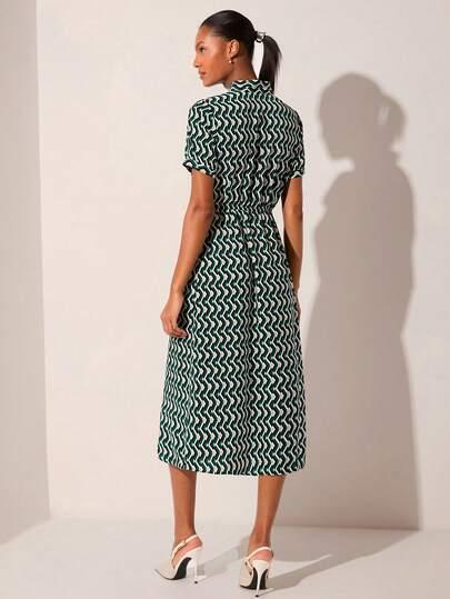 SHEIN MIDI SUKIENKA WZÓR KRÓTKI RĘKAW WIĄZANIE S06__M