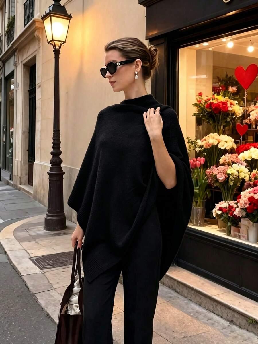 SHEIN CZARNE DZIANINOWE PONCZO PK01__M
