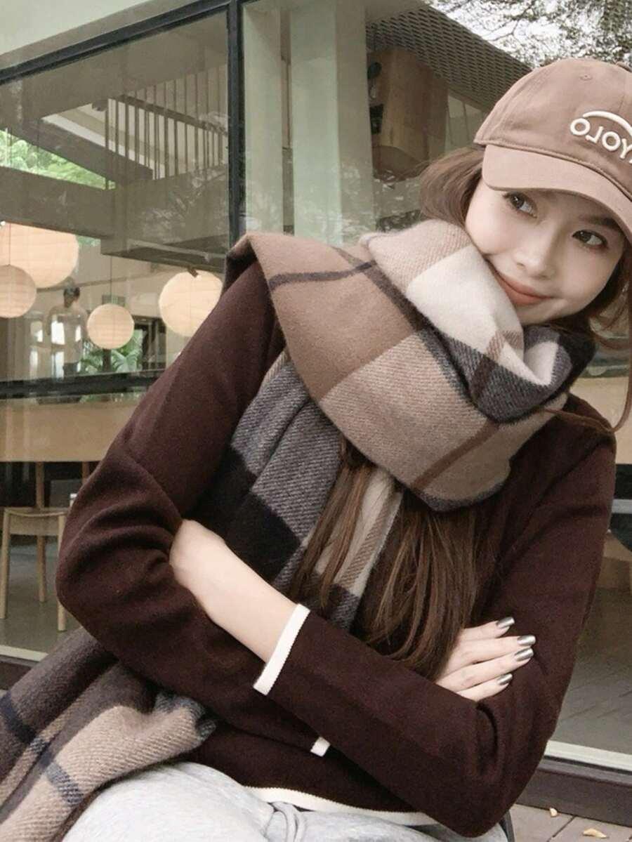 SHEIN KLASYCZNY SZALIK WZÓR KRATKA FRĘDZLE W01__55X180