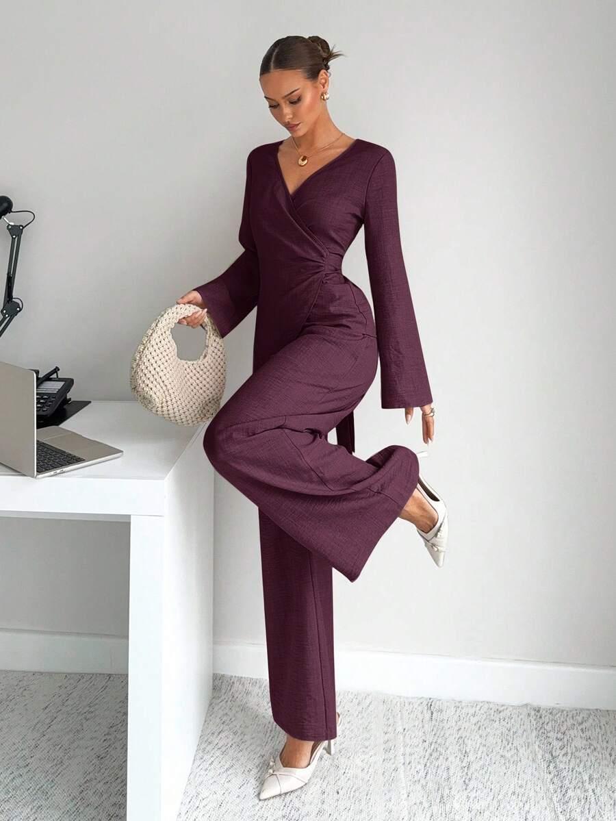SHEIN FIOLETOWY KOMPLET BLUZKA SPODNIE S06__L