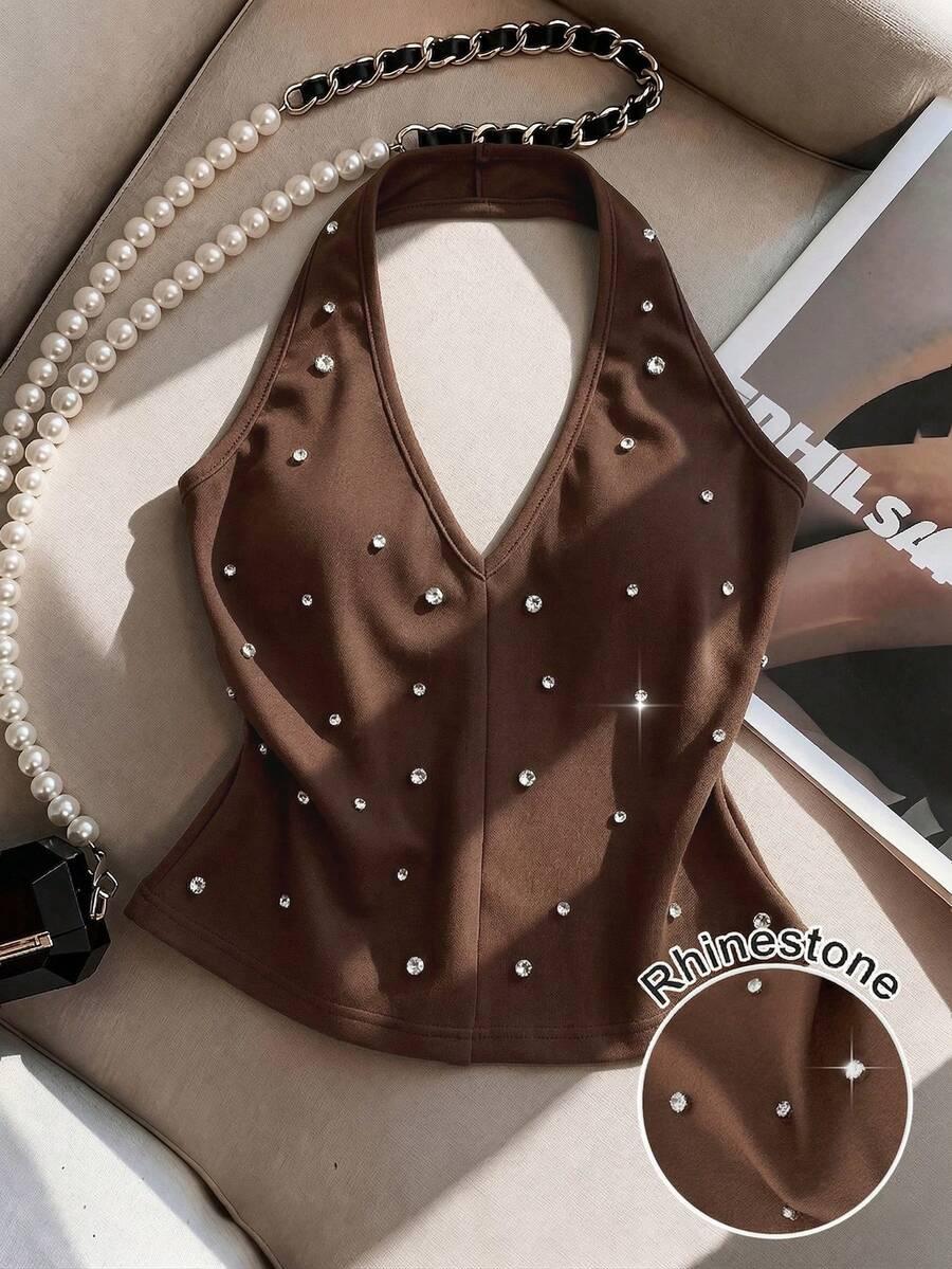 SHEIN BRĄZOWY TOP ZDOBIENIA S06__XS