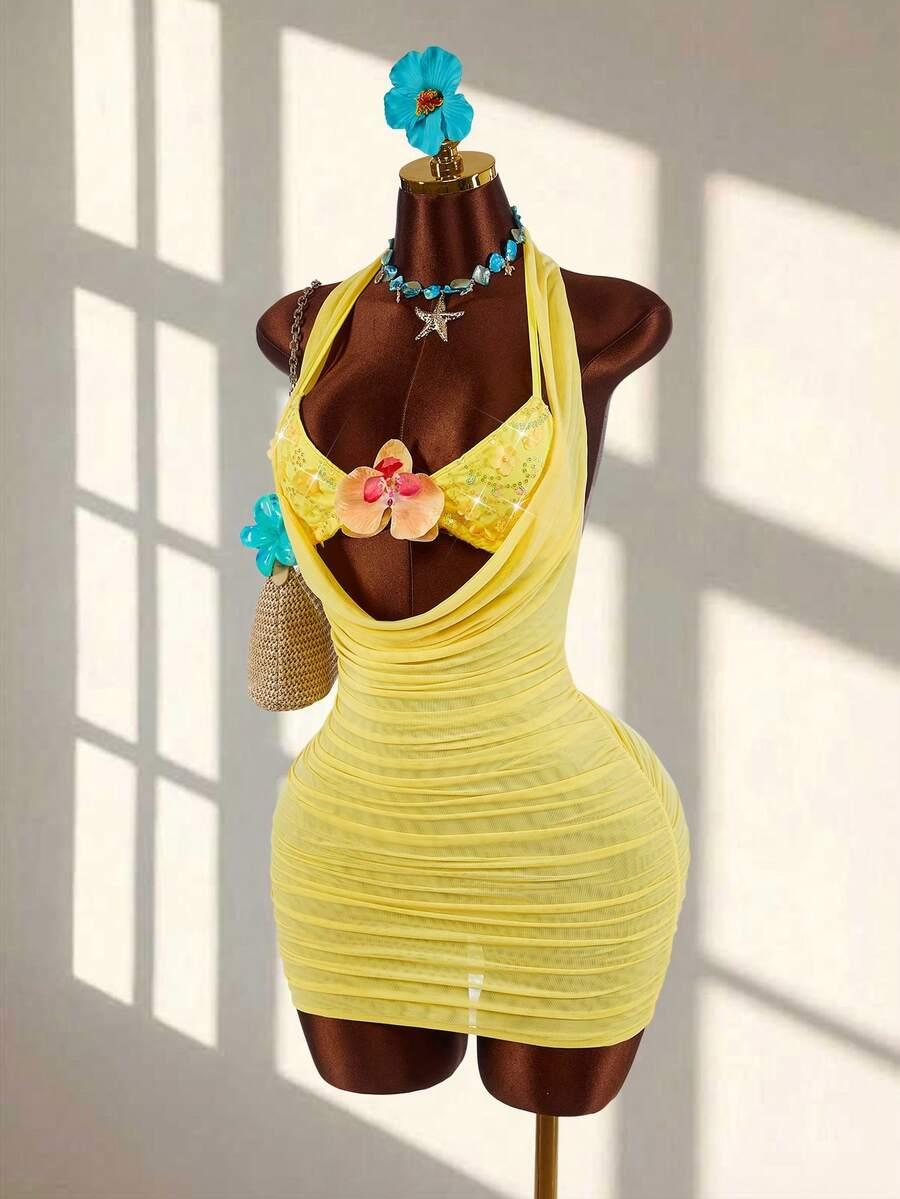AMPLOVA ŻÓŁTY KOMPLET GÓRA OD BIKINI SUKIENKA S09__M