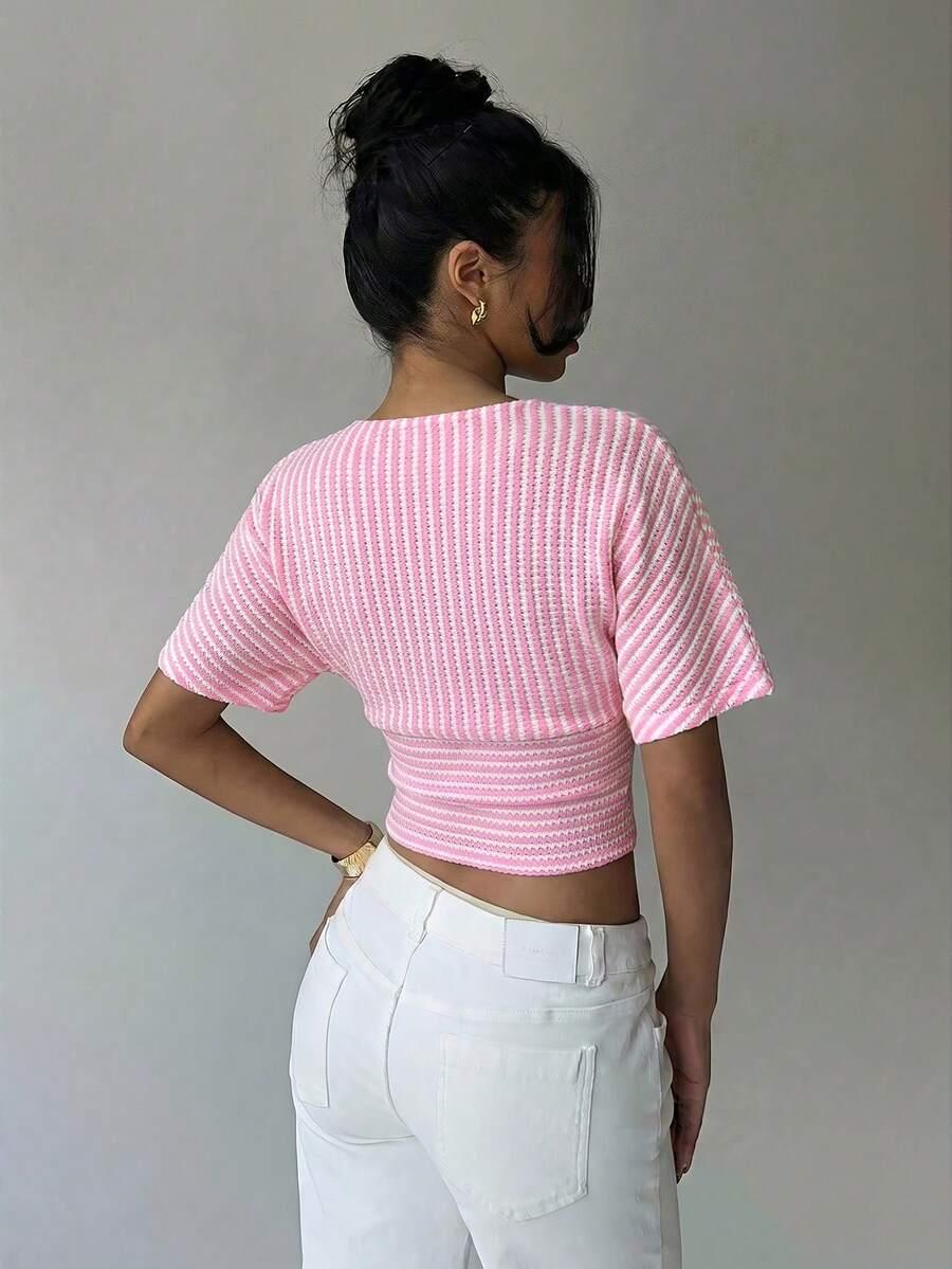 SHEIN BLUZKA KRÓTKI RĘKAW WZÓR PASKI S06__L
