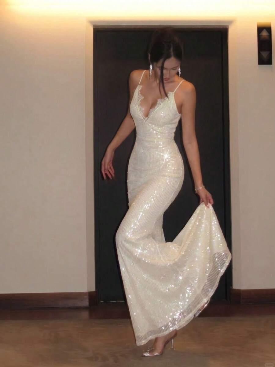 SHEIN KREMOWA MAXI SUKIENKA CEKINY S06__S