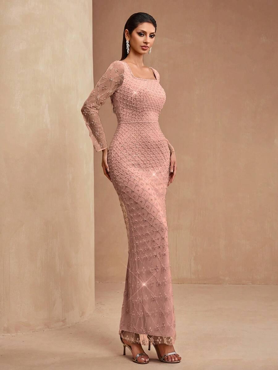 SHEIN RÓŻOWA MAXI SUKIENKA ZDOBIENIE S06__L