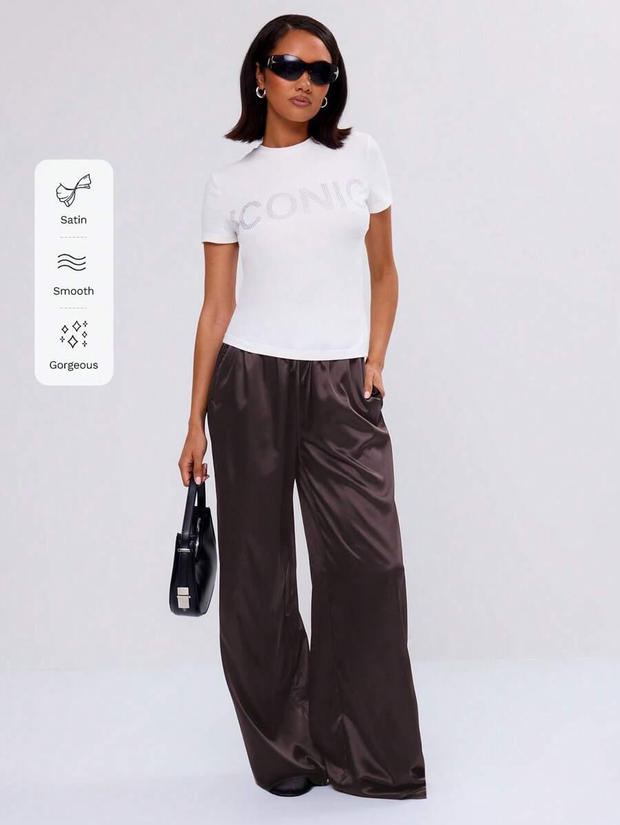 SHEIN BRĄZOWE SATYNOWE SPODNIE S09__M