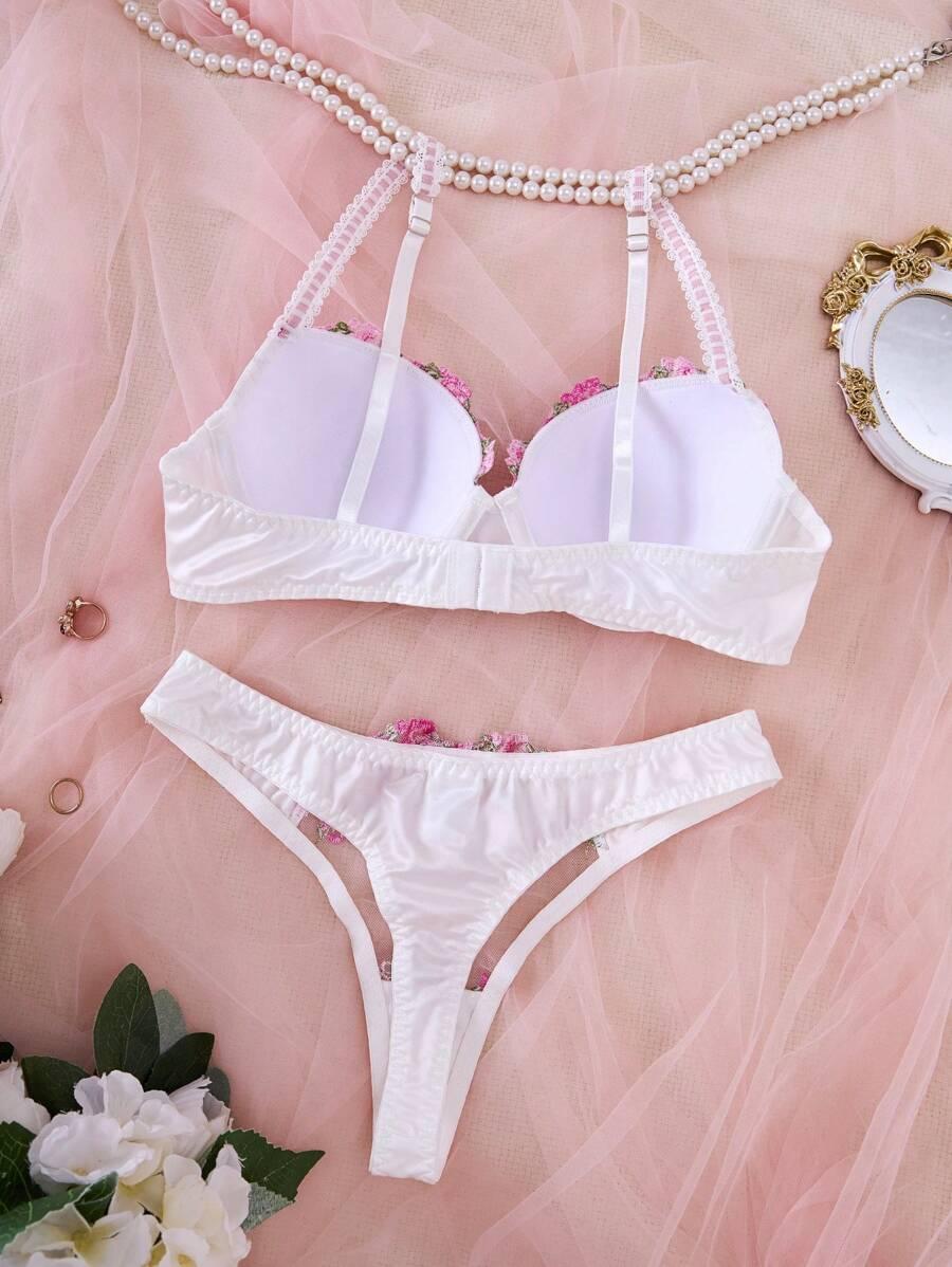 SHEIN KOMPLET BIELIZNY BIUSTONOSZ MAJTKI HAFT S06__L