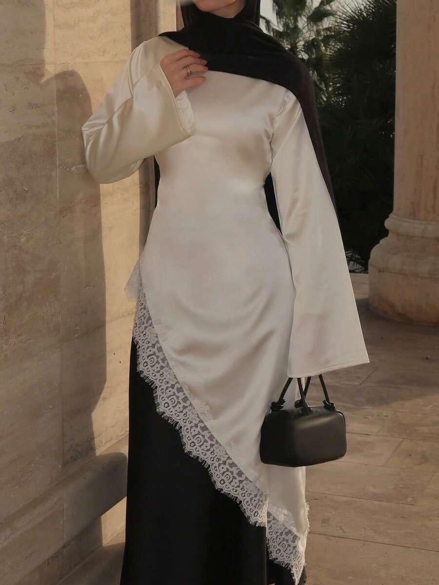 SHEIN SATYNOWA BIAŁA BLUZKA DŁUGI RĘKAW KORONKA ASYMETRIA PK01__M