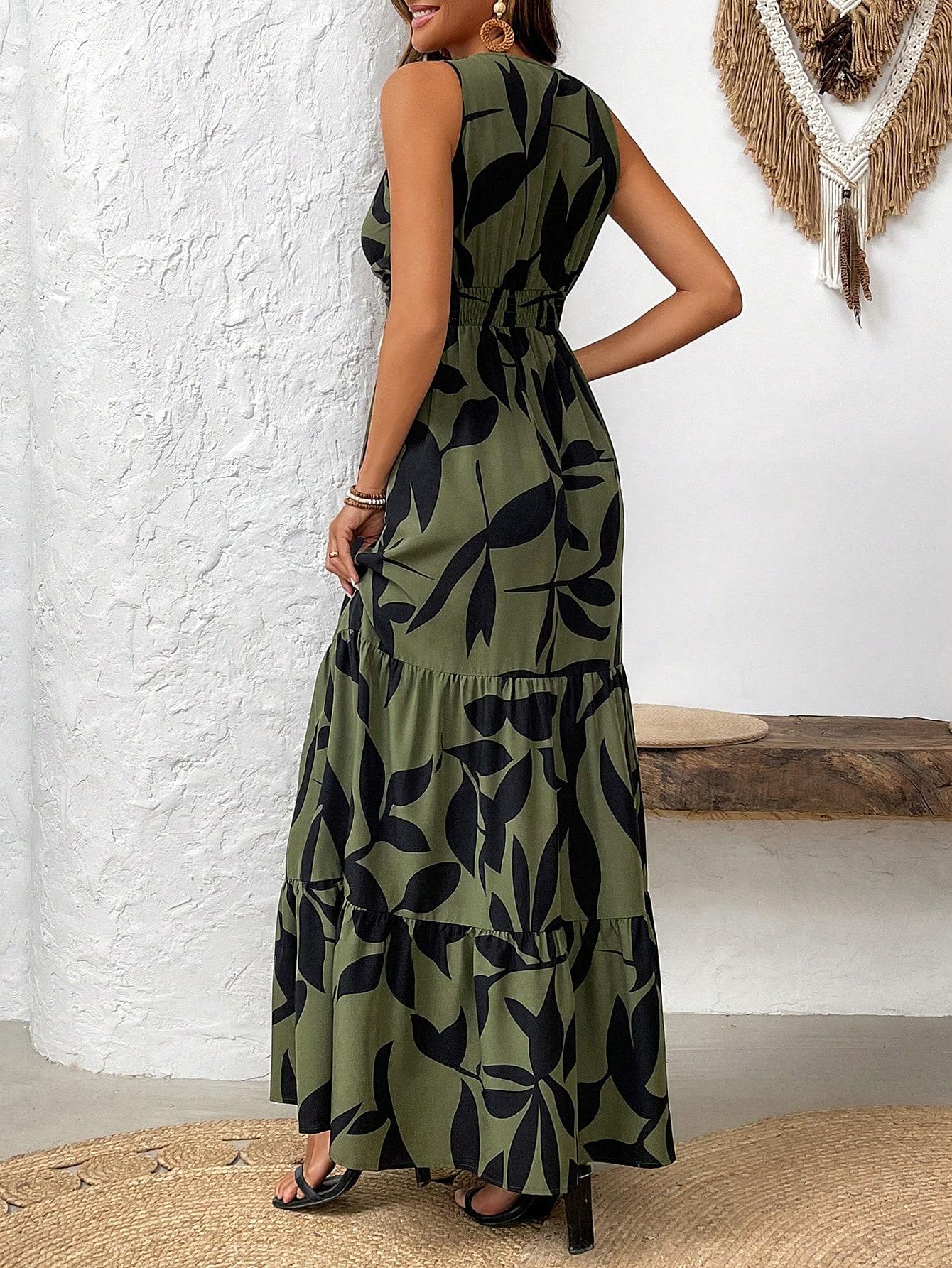 SHEIN MAXI SUKIENKA V-NECK BEZ RĘKAWÓW WZÓR ROŚLINNY S06__XXL