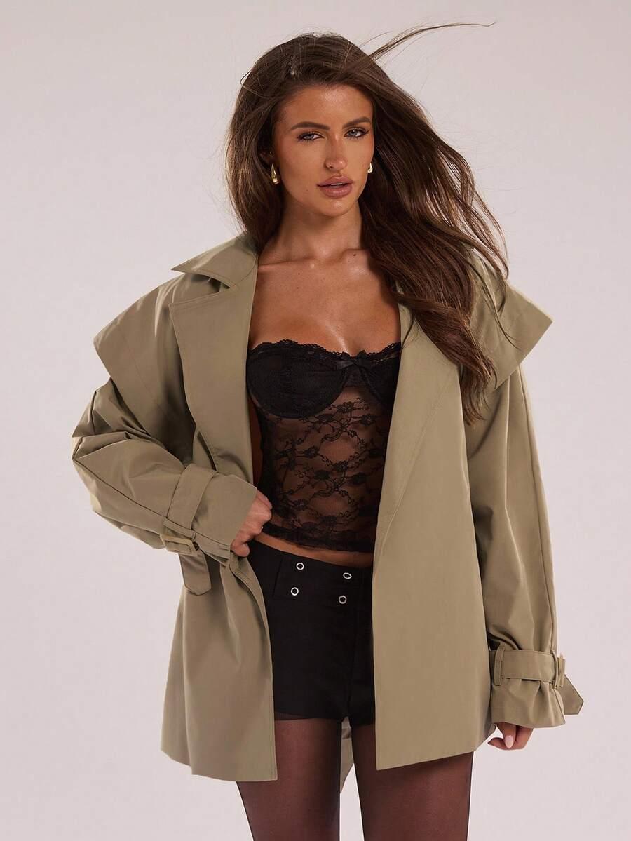 SHEIN BEŻOWY PŁASZCZ TRENCZ S06__XS