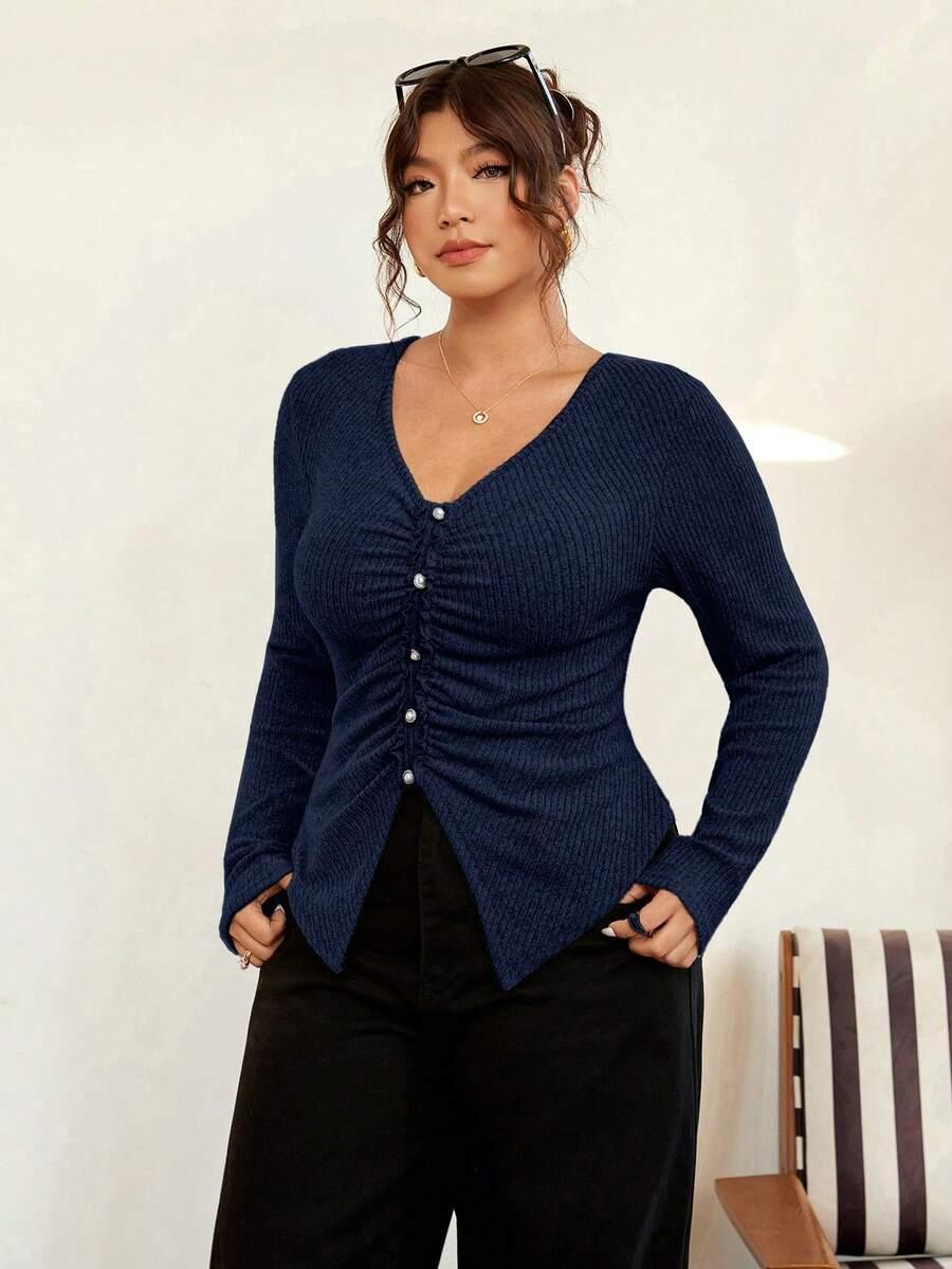 SHEIN GRANATOWA PRĄŻKOWANA BLUZKA S06__XXL