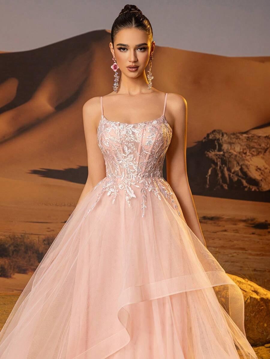 SHEIN RÓŻOWA MAXI SUKIENKA TIUL ZDOBIENIE CEKINY S06__M