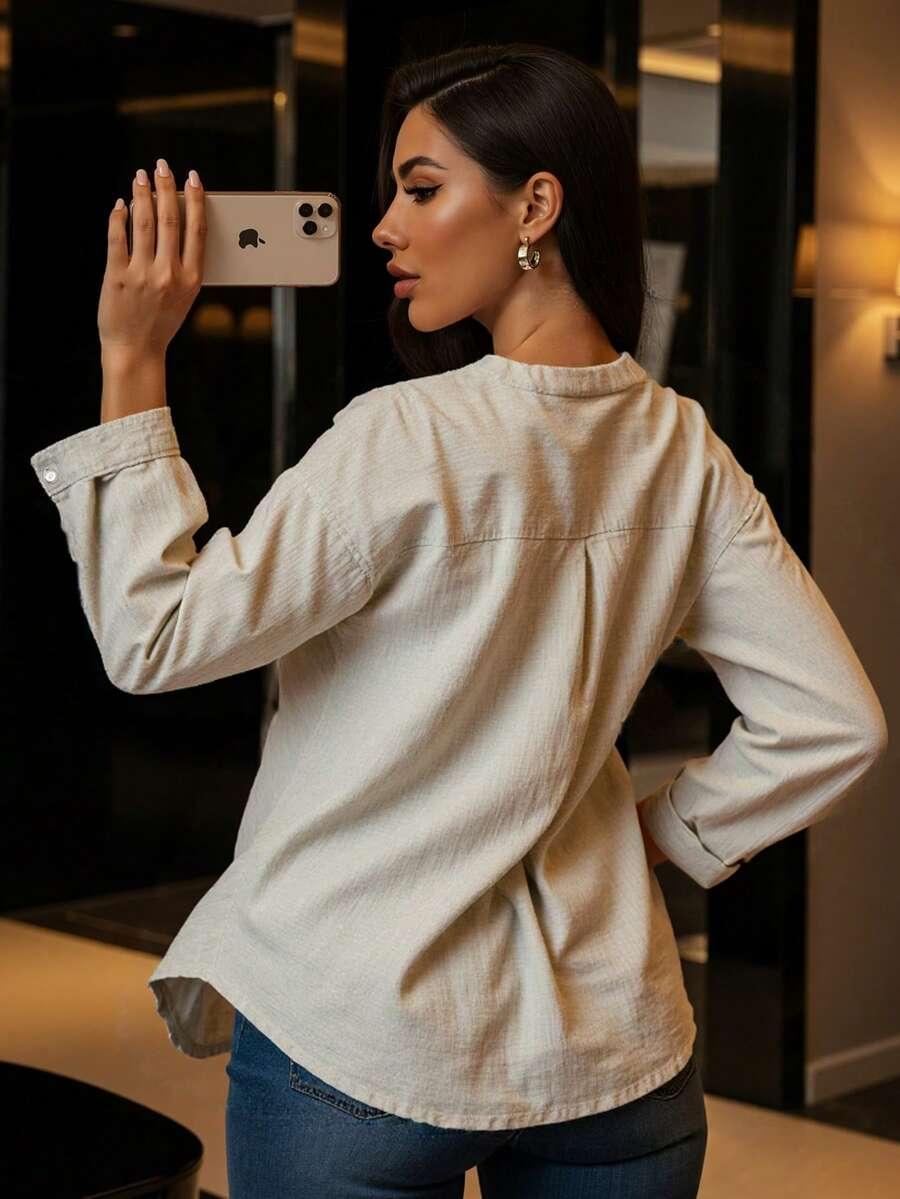 SHEIN BEŻOWA KOSZULA Z DOMIESZKĄ LNU PK01__M