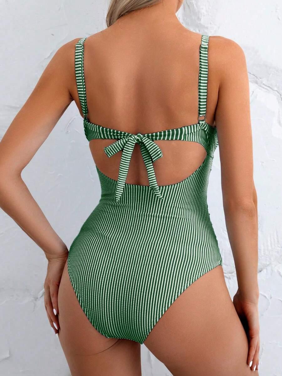 SWIM BASICS ZIELONY JEDNOCZĘŚCIOWY STRÓJ KĄPIELOWY PASKI S09__L