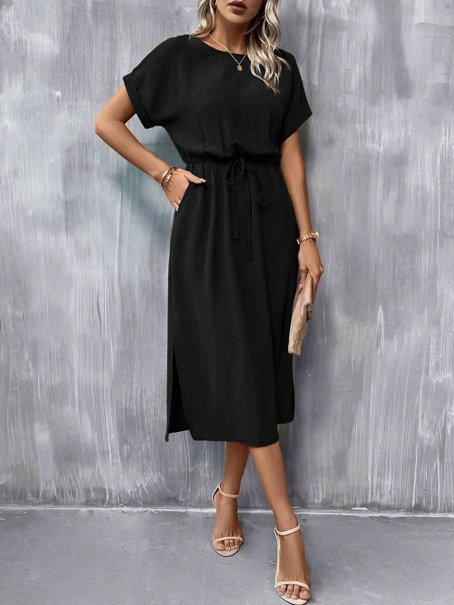 SHEIN CZARNA MIDI SUKIENKA KRÓTKI RĘKAW S06__S