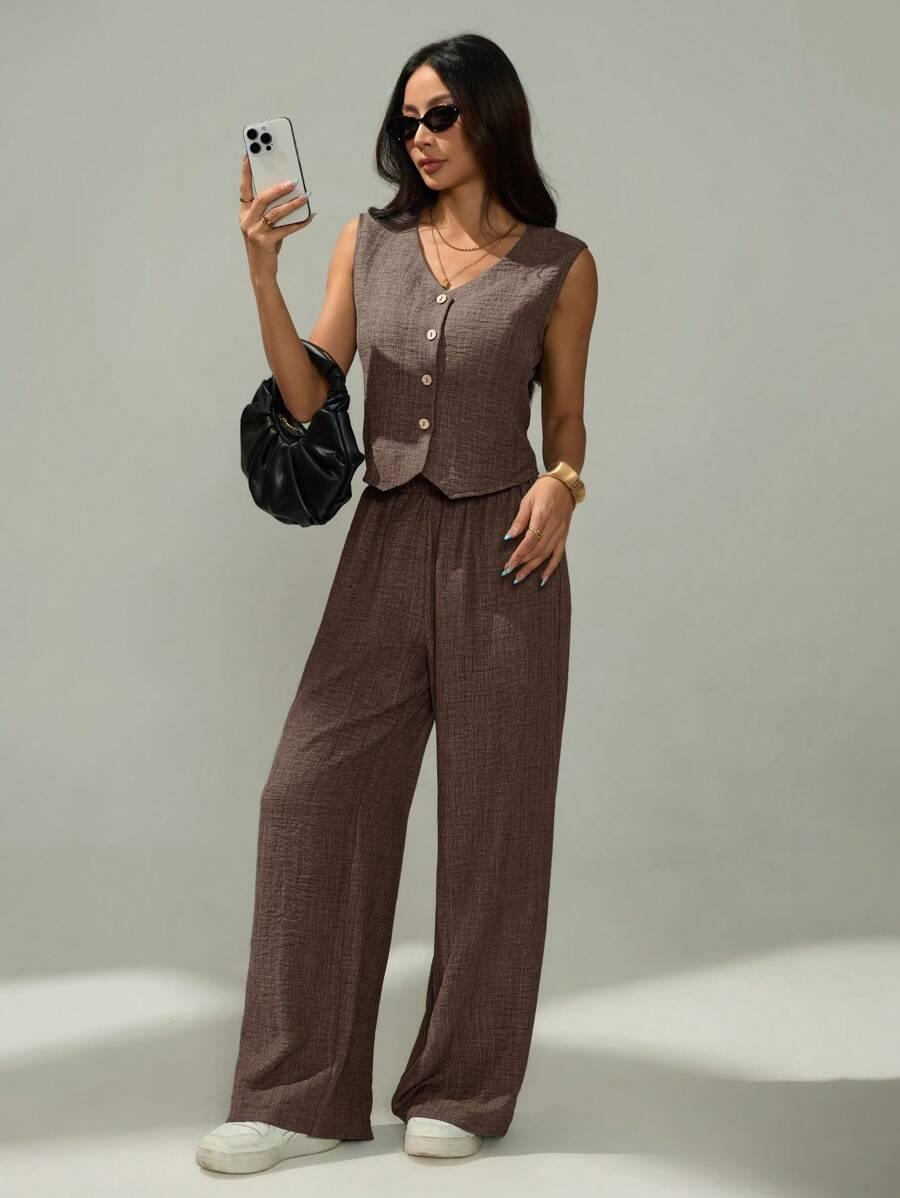 SHEIN BRĄZOWA KAMIZELKA GUZIKI V-NECK S06__S